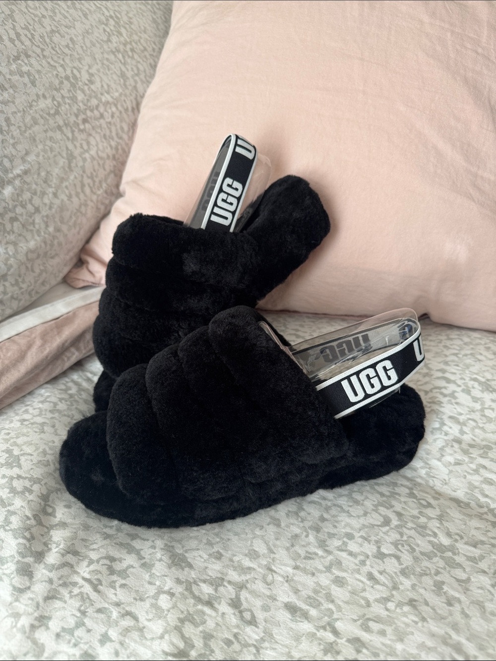 UGG Black Plush Slide Sandals with Branded Heel Strap